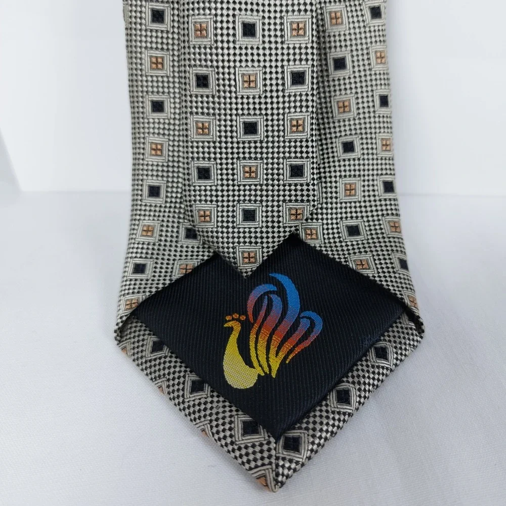 Peacock Men's Silk Tie Geometric Pattern Tan‎ Black Beige Handmade 3